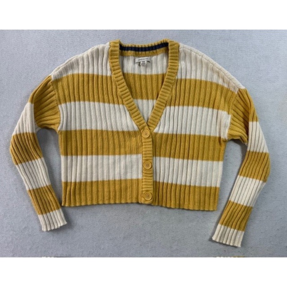 American Eagle Yellow Striped Cardigan Sweater Ribbed MED Crop Y2K 90s Preppy